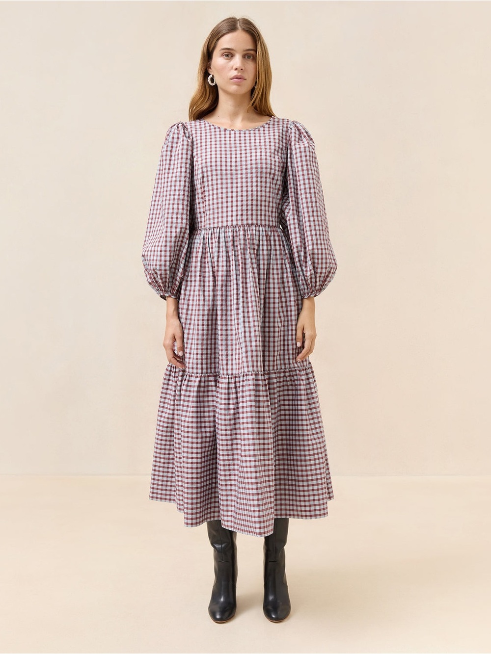 Loeffler Randall Gingham Tiered Long Sleeve Midi Dress